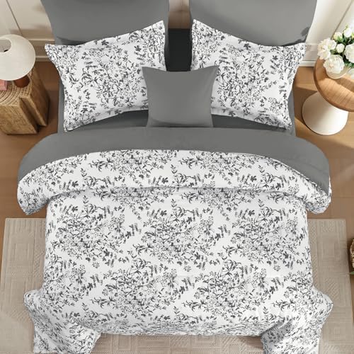 Queen Size Comforter Set 8 Pieces Grey Floral Bed in a Bag Comforter Sets