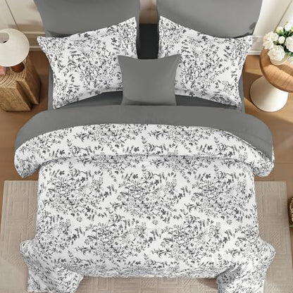 King Size Comforter Set 8 Pieces Grey Floral Bed in a Bag Comforter Sets