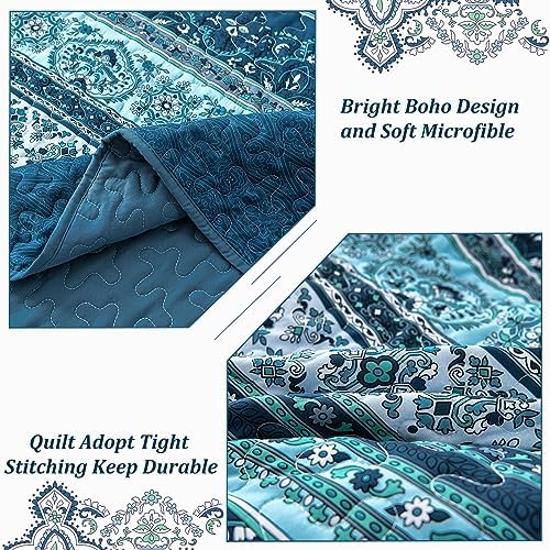 WONGS BEDDING Boho California King Quilt Bedding Set, 3 PCS Bedspread,Blue