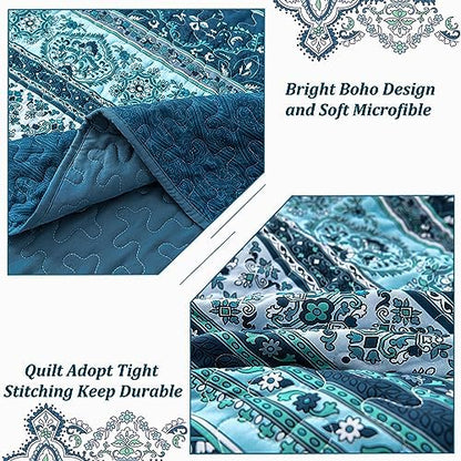 WONGS BEDDING Boho Full Quilt Bedding Set, 3 Pieces Soft Bedspread, Blue