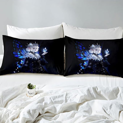 Erosebridal Gothic Girls Fitted Sheet for Boys Girls Kids A Girl Wearing A Crown Full Bed Sheets,Butterfly Diamond Feather Print Sheets Coquette Princess Bedding Sets, No Top Sheet