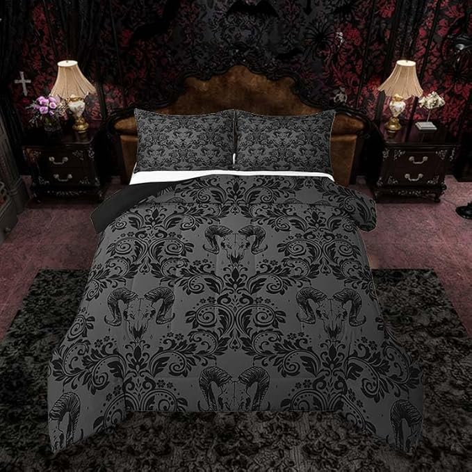 Feelyou Adults Gothic Comforter Set Full Size Dark Olive Green Damask Comforter Goat Head Bohemia Boho Bedding Set Goth Duvet Set Vintage Victorian Baroque Floral Quilt Set 3Pcs