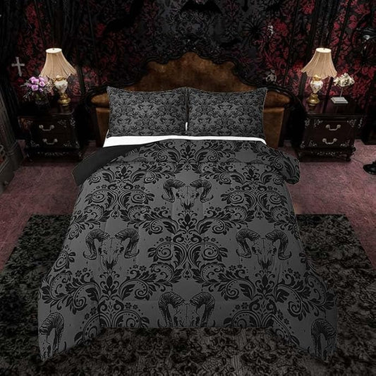 Feelyou Adults Gothic Comforter Set King Size Dark Olive Green Damask Comforter Goat Head Bohemia Boho Bedding Set Goth Duvet Set Vintage Victorian Baroque Floral Quilt Set 3Pcs