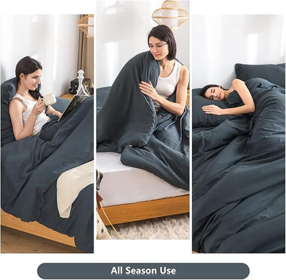 COTTEBED Silky Soft Queen Size Comforter Sets 3 Pieces Blanket Down Comforter with Pillowshams, Lightweight All Season, Washed Polycotton Microfiber for Full Queen Sized Bed, Dark Dusty Blue Grey