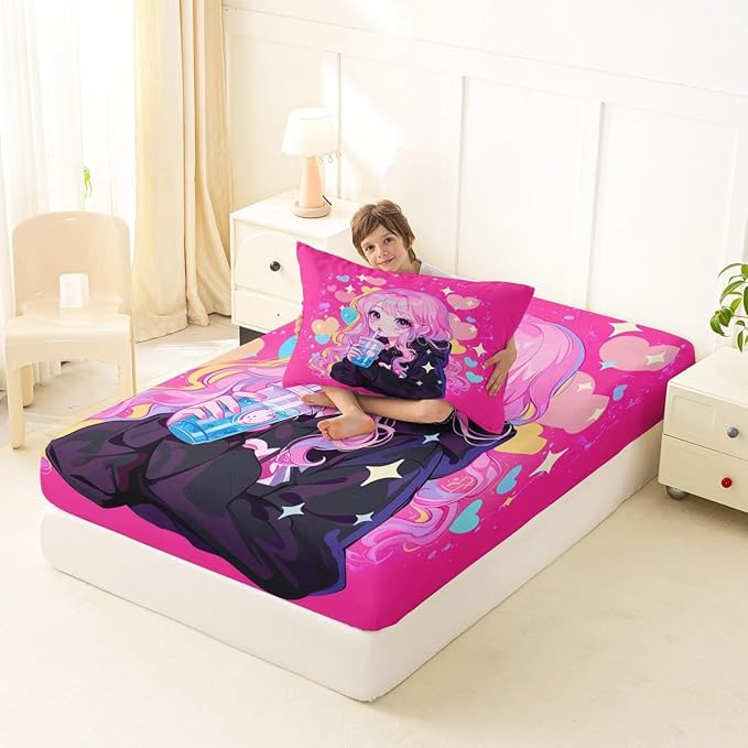 Erosebridal Preppy Girls Sheets for Boys Girls Kawaii Japanese Girl Drinking Water Fitted Sheet,Coquette Girl with Colorful Curly Hair Kids Bedding Sets Pink Anime Gifts Bed Sets Twin 2 Piece