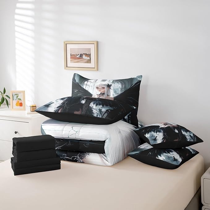 Erosebridal Anime Girl Bedding Sets 7 Piece Full Size, Kawaii Japanese Anime Comforter Set for Kids Boys Teens Adult, Cartoon Girl Bed in A Bag Japan Animation Sheet Set, Machine Washable