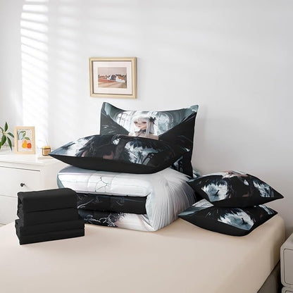 Erosebridal Anime Girl Bedding Sets 7 Piece Full Size, Kawaii Japanese Anime Comforter Set for Kids Boys Teens Adult, Cartoon Girl Bed in A Bag Japan Animation Sheet Set, Machine Washable