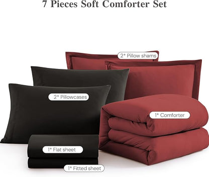WRENSONGE Full Size Comforter Sets, 7 Pieces Bright Red Bed in a Bag with Fitted Sheet, Flat Sheet, 2 Pillow Shams, 2 Pillowcases, Warm Bedding Sets for All Season