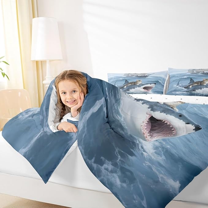 Erosebridal Kitten Comforter Set King Size Shark Bedding Set for Kids Girls Boys Safari Sea Waves Nautical Ocean Ship Blue White Comforter Warm Soft Quilt Insert