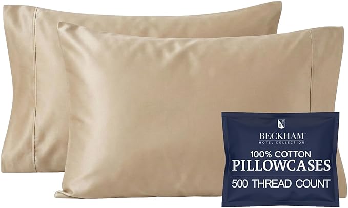 Beckham Hotel Collection Pillowcases Queen Size Set of 2, Cool Touch Cotton Sateen Fabric, 500TC, Silky Smooth & Soft, Open End, Sand