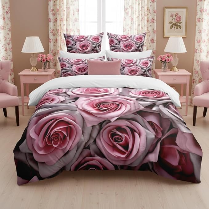 Pink Floral Comforter Set Queen Size for Women, Light Pink Rose Mirofiber Bedding Set for Victorian Romantic Bedroom Decor - 3Pieces 1 Comforter(90 * 90) & 2 Pillowcases