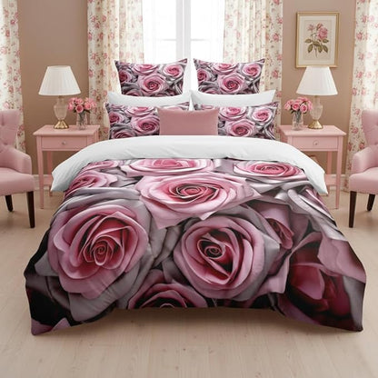 Pink Floral Comforter Set Queen Size for Women, Light Pink Rose Mirofiber Bedding Set for Victorian Romantic Bedroom Decor - 3Pieces 1 Comforter(90 * 90) & 2 Pillowcases