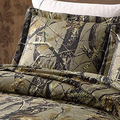 Chezmoi Collection Salem 3-Piece Cabin Lodge Forest Woods Comforter Set - Nature Camo Tree Leaves Printed Soft Microfiber Bedding - Natural, Queen
