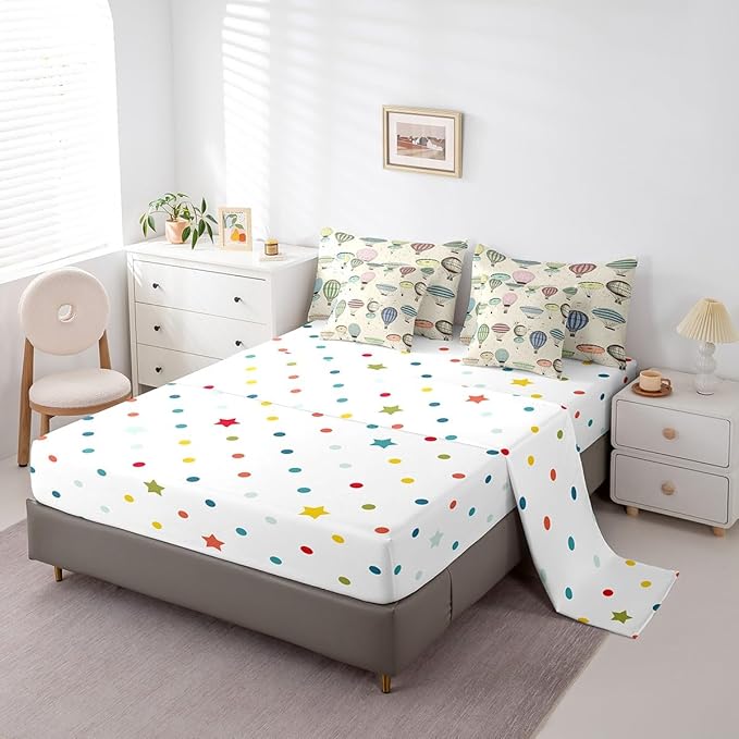 7 Pieces King Size Colorful Hot Air Balloon Comforter Set,Modern Sketch Bedding Set for Kids Room Decor,Retro Geometric Lines (Comforter+Fitted+Flat Sheet+2 Pillowcases+2 Throw Pillow Covers）