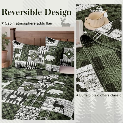 2 Piece Cabin Quilt Sets Twin Size Farmhouse Rustic Reversible Microfiber Soft Lightweight Bedspread Comforter with 1 Sham Patchwork Country Lodge Bedding Quilts Sets for All Season, 68''x86'', Green