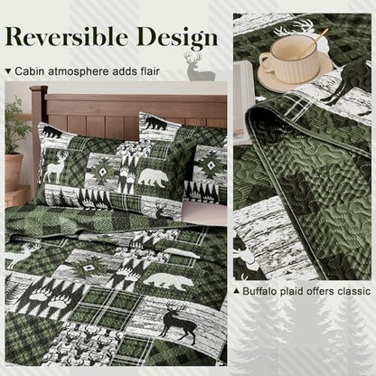 3 Piece Cabin Quilt Sets California King Size Farmhouse Rustic Reversible Microfiber Soft Lightweight Bedspread Comforter with 2 Shams Patchwork Bedding Quilts Set for All Season, 118''x106'', Green
