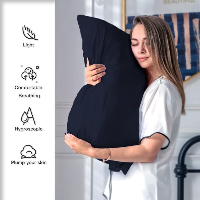 Silk Pillow Cases 2 Pack,Soft Breathable and Sliky Standard Size Pillow Cases Set of 2,Natural Mulberry Silk Pillowcase Set of 2 for Hair and Skin with Hidden Zipper (Navy Blue,20"X 26",2pcs)
