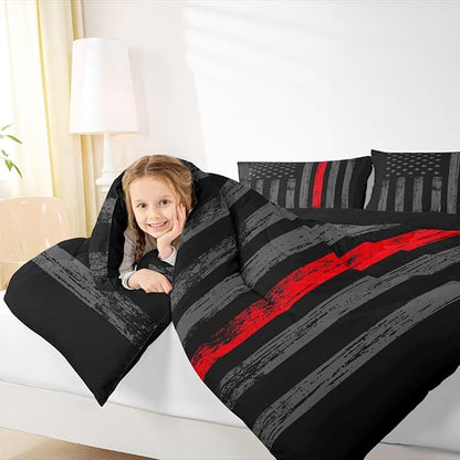 Erosebridal American Flag Comforter Set Full Black Grey Red Line Flag Bedding Set for Men Boys Kids Girls Novelty Star Stripe Down Comforter Retro Vintage Flags Bedding Sets & Collections