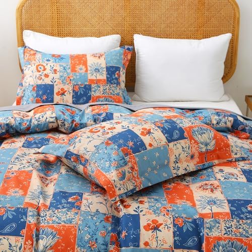 Mooreeke Floral Twin Size Comforter Sets, Montage Boho Vintage Floral Patterned Bedding for All Seasons, 2-Piece Vintage Bed in a Bag with Fluffy Quilted Reversible Comforter & Pillow Sham