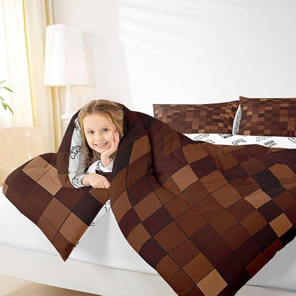 Miners Pixel Checked Comforter Set King Size,Video Games Check Lattice Kids Bedding Set,Game Cartoon Gamepad Quilt Comforter,Dark Brown Duvet Insert,2 Pillowcases