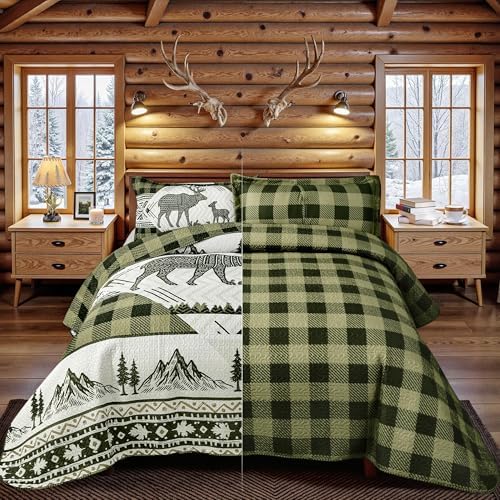 3 Piece Cabin King Size Quilt Sets Farmhouse Rustic Reversible Microfiber Soft Lightweight Bedspread Comforter with 2 Shams Patchwork Country Lodge Bedding Quilts Set for All Season, 106''x96'', Green