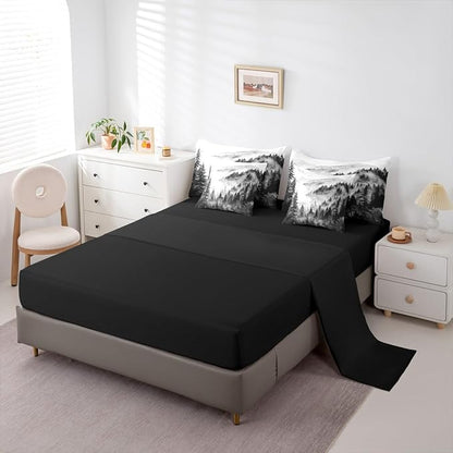 Erosebridal Black Gray Misty Forest King Comforter Set with Sheets 7 Piece Grey White Foggy Mountain Bed in A Bag Rustic Woodland Pine Trees Bedding Sets for Kids Adults,Watercolor Nature Bed Set
