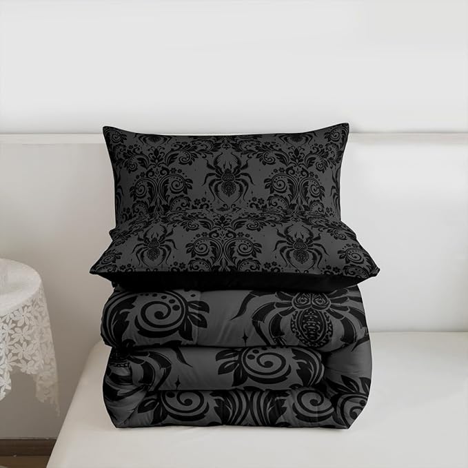 Feelyou Adults Gothic Comforter Set Twin Size Dark Olive Green Damask Bedding Set for Kids Boys Girls Spider Duvet Quilt Bedroom Decor Microfiber 2 Pcs with 1 Pillow Cases