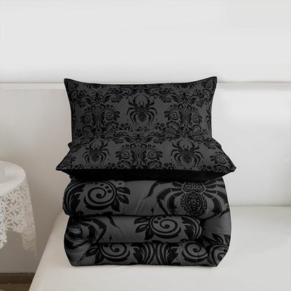 Feelyou Adults Gothic Comforter Set Twin Size Dark Olive Green Damask Bedding Set for Kids Boys Girls Spider Duvet Quilt Bedroom Decor Microfiber 2 Pcs with 1 Pillow Cases