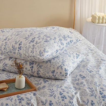 mixinni Girls Blue Flower Leaves Pattern on White Duvet Cover Twin Size Soft Cotton Bedding Comforter Cover Set with Zipper Closure 4 Corner Ties for Teenage Girls (1 Duvet Cover + 2 Pillowcases)