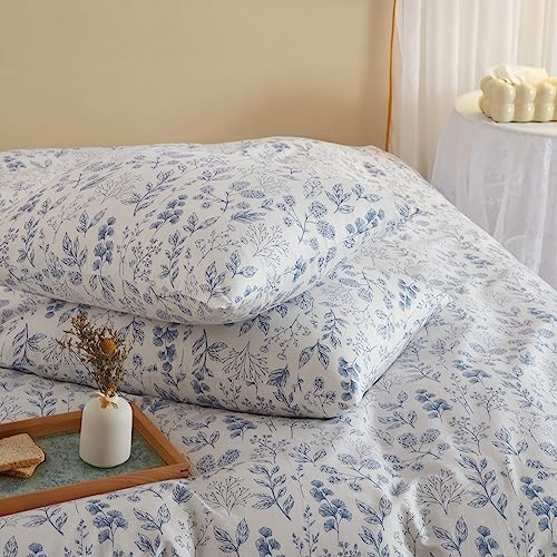 mixinni Blue Flower Duvet Cover Full Leaves Pattern 100% Cotton Full Size Bedding Soft Girls Bedding Set Zipper Closure 4 Corner Ties for Women-Full Size
