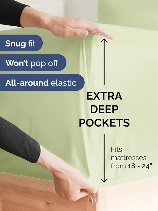 Extra Deep Split King Sheet Set - 7 Piece Breathable and Cooling Sheets - Hotel Luxury Bedding for Women, Men, Kids & Teens - Easy Secure Fit - Soft & Wrinkle Free - Extra Deep Pockets - Light Sage