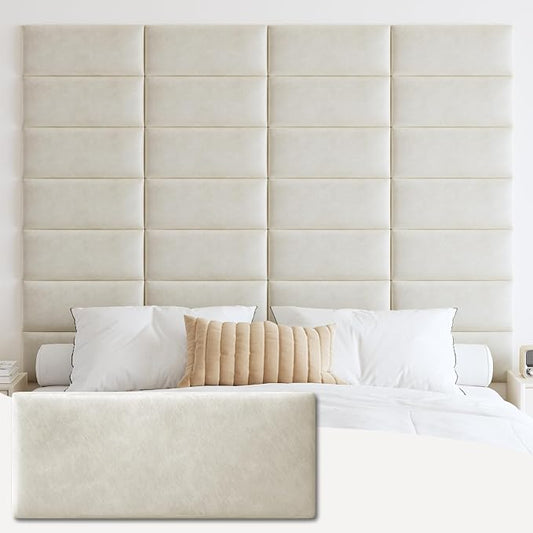 IFNOW Wall Mounted Headboard, Peel and Stick Panels, Lvory White, Queen | Upholstered 3D Soundproof Acoustic Panels Reusable and Removable Padded Leather Bed Headboard, 9 Panels 9.84" x 23.62"