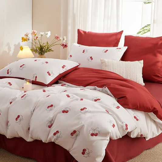 White Twin Comforter Set - Red Cherry Quilt Bedding Set 2 Pieces, Comforter Set Twin Size, Soft & Lightweight Comforter(68‘’ x 90‘’) for Girl All Season & 1 Pillowcase(30‘’x20‘’)