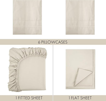 ClevaHome Twin Size Sheet Set - 4 Piece Soft Breathable Luxury Bed Sheet Set - Shrinkage & Fade Resistant Embroidered Bedding Sheet with Deep Pocket, 2 Extra Pillowcases (Twin, Oat Milk)