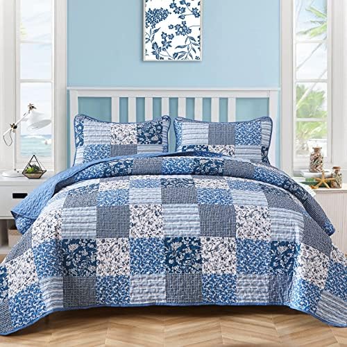 Mybedsoul King Size Quilt, Boho Patchwork Floral Bedding Set, Blue