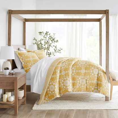LINENS & HUTCH Comforter Set Patterned Microfiber All Season Down-Alternative Ultra Soft Bedding in Daisy Medallion - Full/Queen Daisy Medallion Yellow