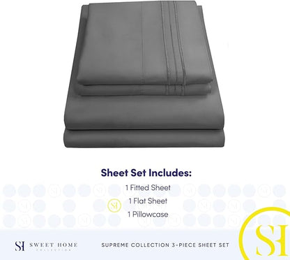 Twin Sheets - Breathable Luxury Sheets with Full Elastic & Secure Corner Straps Built In - 1800 Supreme Collection Extra Soft Deep Pocket Bedding Set, Sheet Set, Twin, Gray