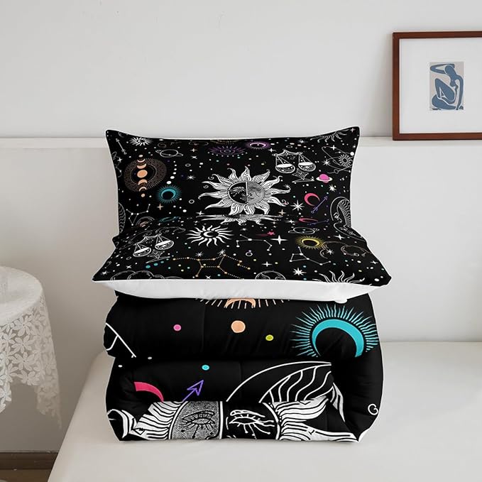 Bohemian Sun Moon Comforter Set Queen Trippy Stars Style Bedding Sets For Kids Teens Zodiac Libra Pattern Duvet Insert Universe Planet Bedding Boho Moon Phase Bedding Comforter Set Home Decor, Black