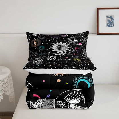 Bohemian Sun Moon Comforter Set Queen Trippy Stars Style Bedding Sets For Kids Teens Zodiac Libra Pattern Duvet Insert Universe Planet Bedding Boho Moon Phase Bedding Comforter Set Home Decor, Black