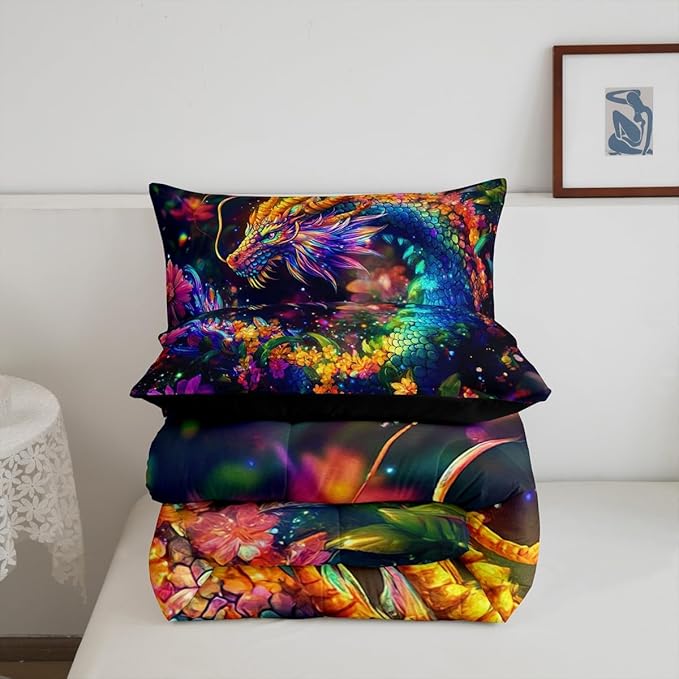 Feelyou Dragon Comforter Set King Size Flower Dragon Comforter for Boys Girls Teens Wild Life Bedding Set Dragon Decor Duvet Set Room Decor Clorful Quilt Set