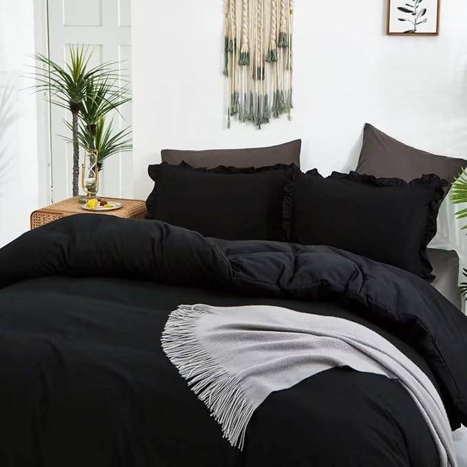 CLOTHKNOW Black King Size Comforter Set 3Pcs Ruffle Bedding Comforter Sets Soft Shabby Chic Farmhouse Comforter with 2 x Pillowcases