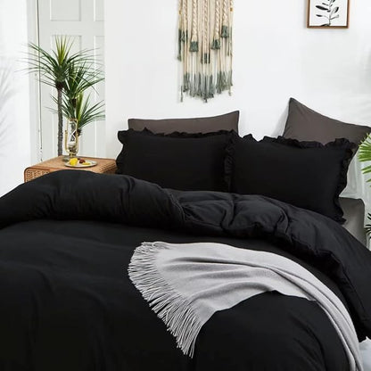 CLOTHKNOW Black Comforter Set California King 3Pcs Ruffle Bedding Comforter Sets Farmhouse Shabby Chic Comforter with 2 x Pillow Cases