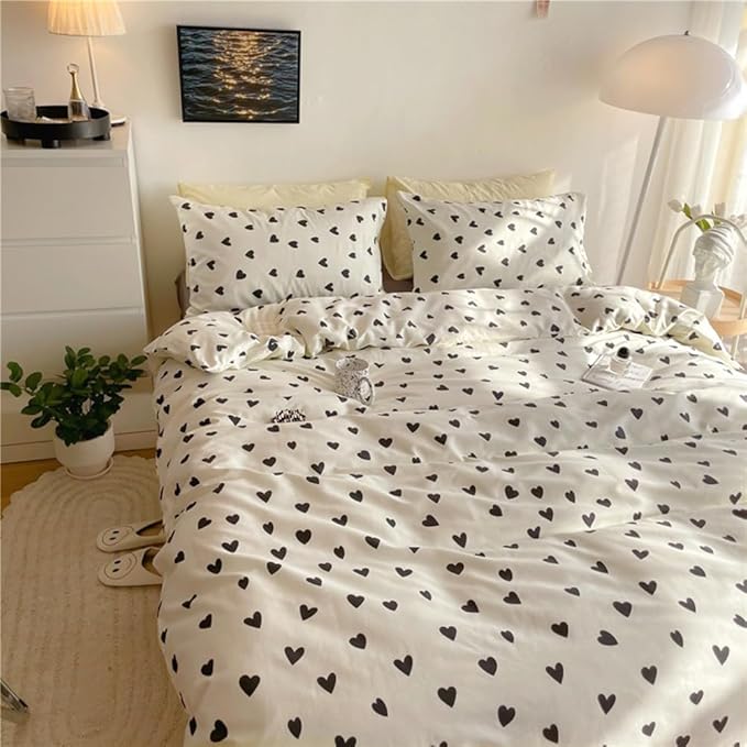 Nayoroom Black and White Heart Duvet Cover Twin Size Black Hearts Printed on White Bedding Set 2 Pcs Cute Kawaii Soft Breathable Microfiber Comforter Cover Valentine Gifts for Kids Girls