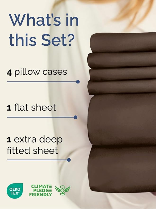 Extra Deep Cal King Sheet Set - 6 Piece Breathable and Cooling Sheets - Hotel Luxury Bedding for Women, Men, Kids & Teens - Easy Secure Fit - Soft, Wrinkle Free and Comfy - Extra Deep Pockets - Brown