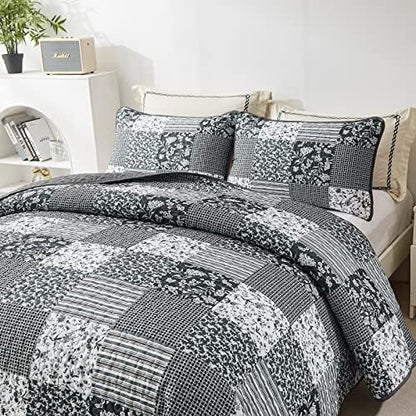 Mybedsoul Boho Quilt King Size, Patchwork Bedding Set, Black Grey