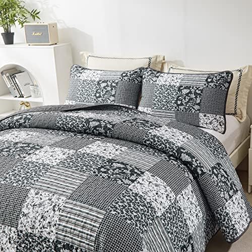 Mybedsoul Quilt California King Size, Patchwork Bedding Set, Black Grey