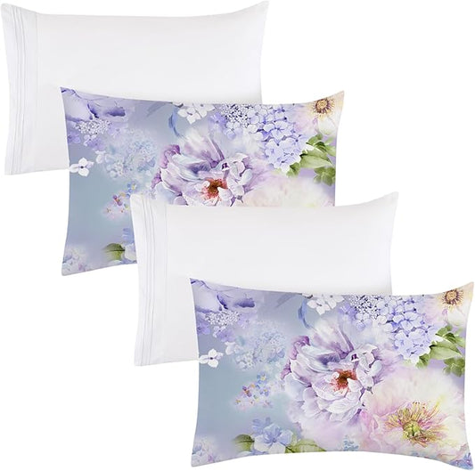 YIYEA Pillow Cases Standard Size Set of 4, Ultra Soft 1800TC Hotel Quality Double Brushed Microfiber Embroidered Pillowcases and Floral Pillow Covers, Envelope Closure, Fade Resistant (20"x26")