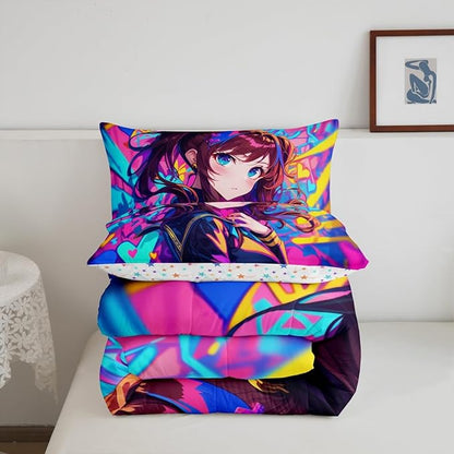 Erosebridal Anime Girl Toddler Comforter Set, Japanese Anime Bedding Set for Kids Girls Teens Adult Bedroom, Cartoon Girl Bedding Comforter Sets Kawaii Japanese Animation Quilt 2 Piece, Purple
