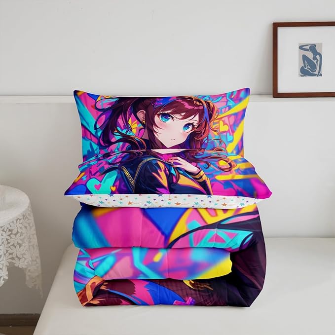 Erosebridal Anime Girl Twin Comforter Set, Japanese Anime Bedding Set for Kids Girls Teens Adult Bedroom, Cartoon Girl Bedding Comforter Sets Kawaii Japanese Animation Quilt 2 Piece, Purple