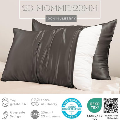 PROMEED Grey Silk Pillowcase Queen Size - Both Sides 23 Momme Grade 6A+Mulberry Silk Pillow Case Covers for Hair and Skin, Soft and Acne Free (Queen 20"x30", Grey)
